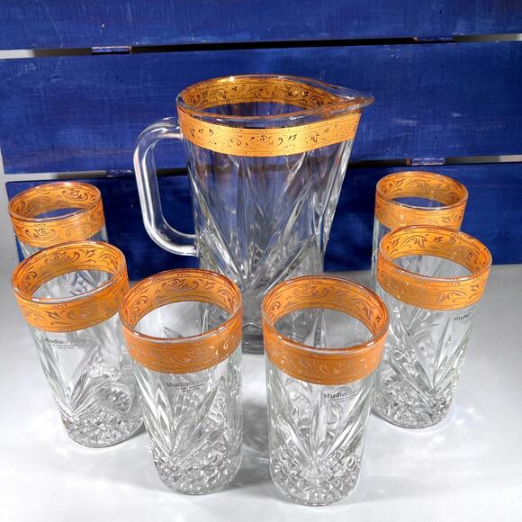 Vintage Studio Crystal By Studio Silversmiths Barware Set With 24kt Gold Rim - Picture 9 of 9